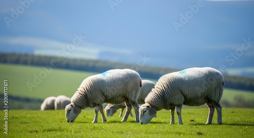 Grazing sheep in a lush green pasture under a blue sky