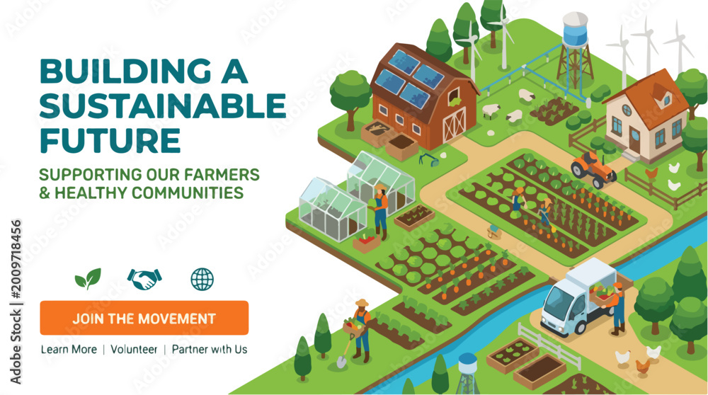Fototapeta premium Sustainable Agriculture Concept with Isometric Farm Illustration Featuring Solar Panels Wind Turbines Greenhouses and Workers Harvesting Organic Vegetables for Healthy Communities
