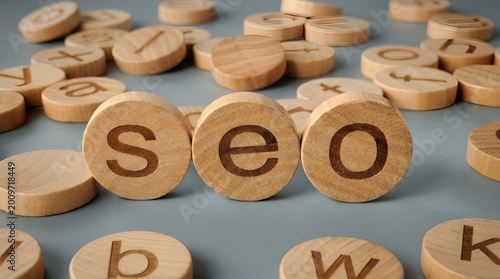 Wooden Letter Tiles Spelling SEO on Grey Background - Digital Marketing Concept