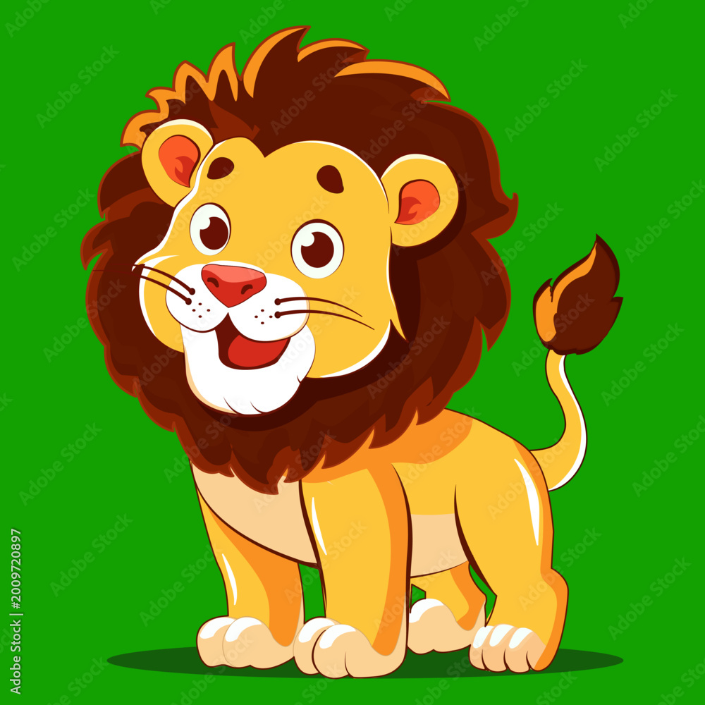 Fototapeta premium Lion Cute Cartoon Lion Character Standing On Green Background Animal 
