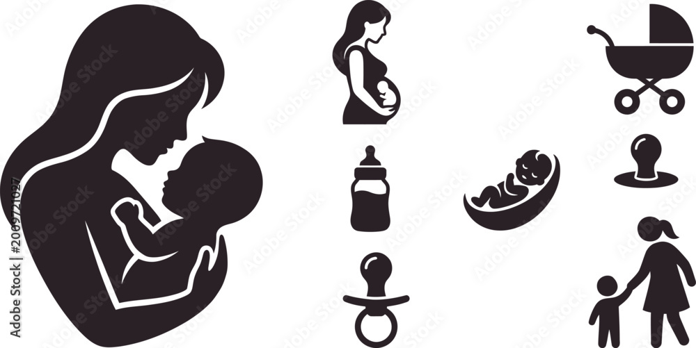 Obraz premium Pregnancy and Motherhood Silhouette Icon Set with Newborn Baby, Pregnant Woman, and Infant Care Symbols for Maternity, Parenting, and Childcare Graphic Design