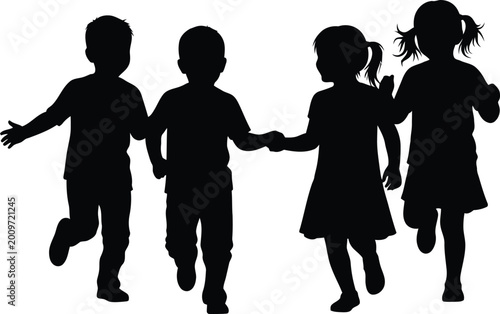 Children Holding Hands Running Silhouette Isolated on White