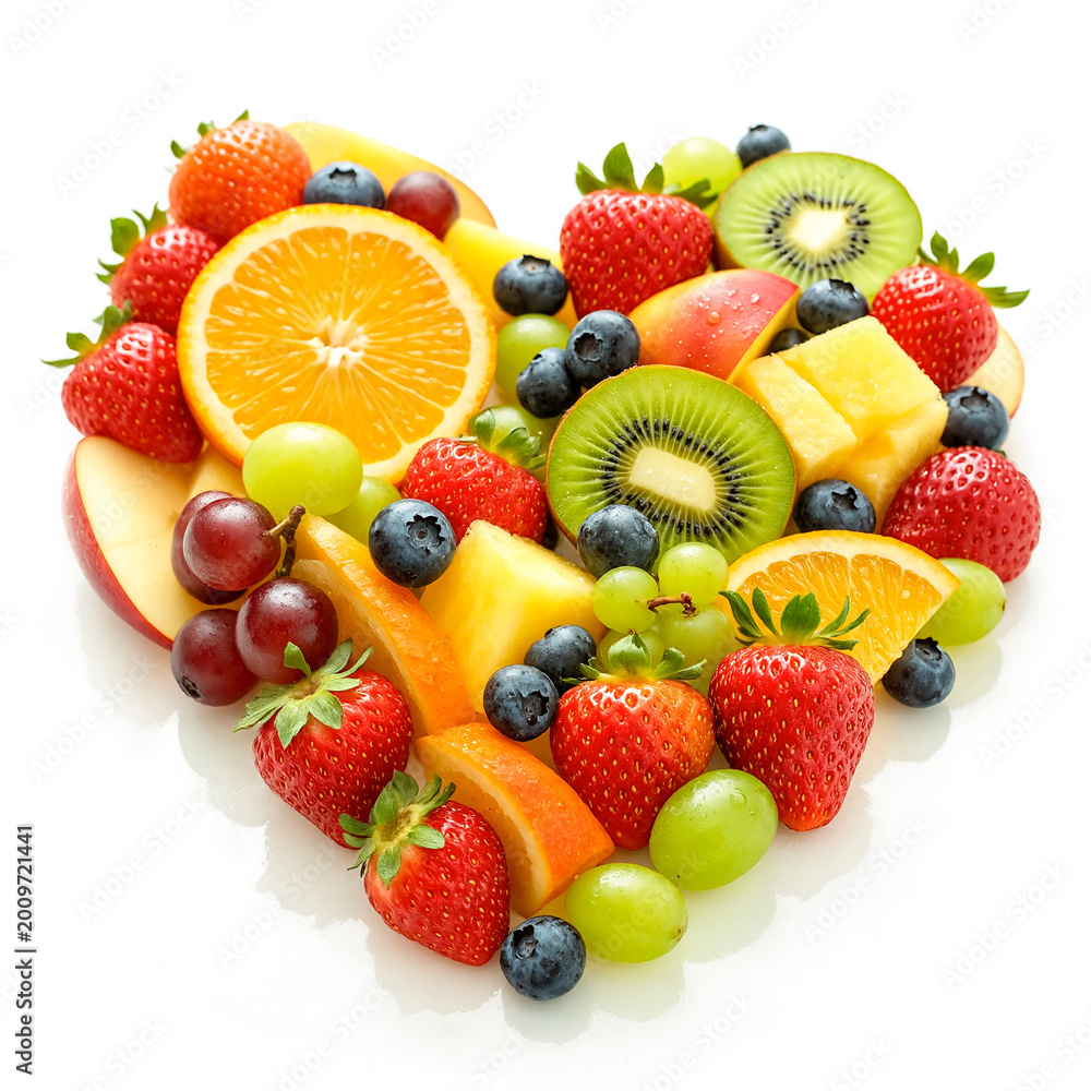 Obraz premium Assorted Fresh Fruit Heart Shape Flat Lay on White Background