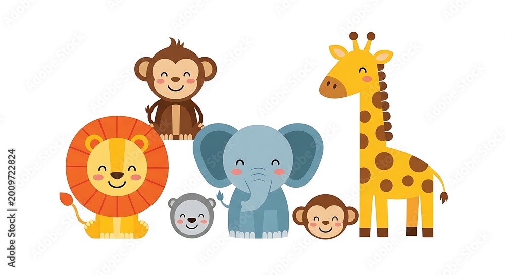 Fototapeta premium A colorful illustration of a lion, monkey, elephant, giraffe, and two small animals standing together.