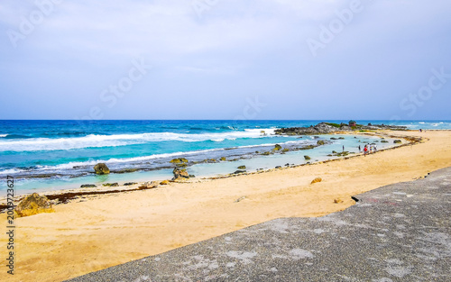 Windy tropical road with palm trees and sea view Cozumel Mexico.