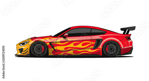 Modern Red Sports Car Vector Illustration with Flame Decal Design Isolated on White Background
