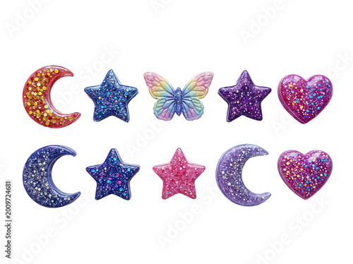Glittery resin charms on transparent background