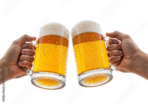 cheers with frothy golden beer mugs