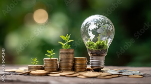 Stacks of coins with growing plants and light bulb containing earth map and moss for environmental and sustainable investments