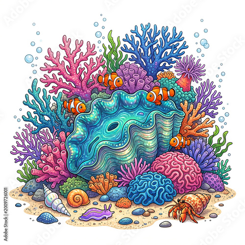 Vibrant coral reef scene with clownfish, colorful coral, and brain coral underwater.