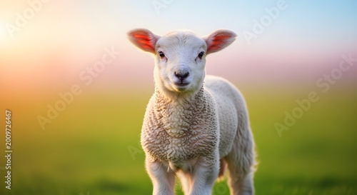 Adorable lamb portrait a young sheep gazes forward in a meadow