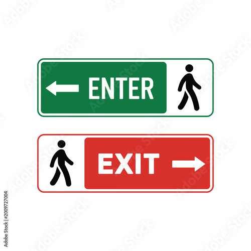 Green enter sign with left arrow and person icon above red exit sign with right arrow and person icon