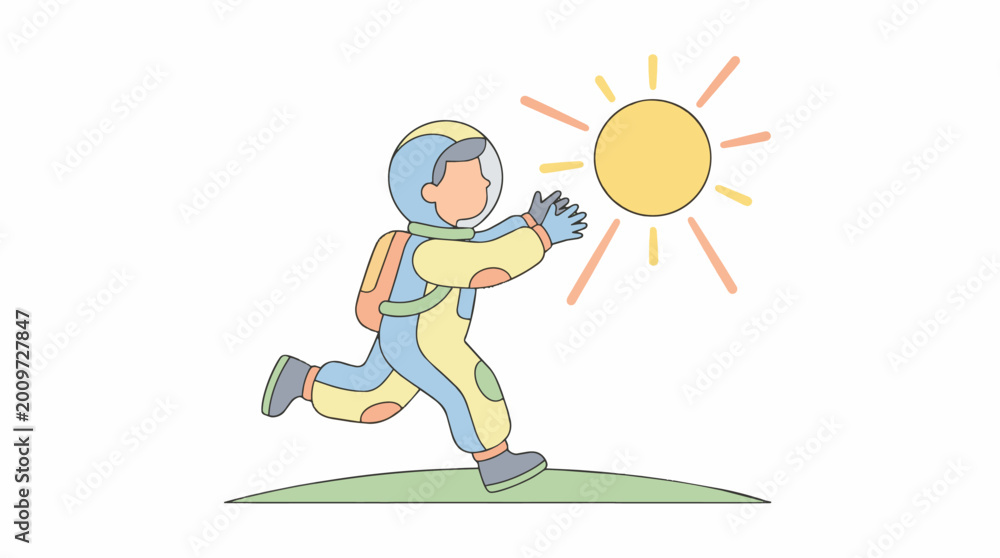 Fototapeta premium Astronaut Reaching for the Sun in Colorful Illustration.