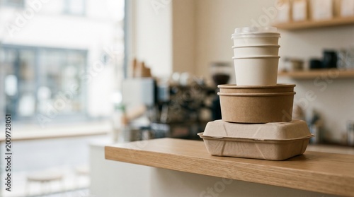 Sustainable food packaging and coffee cup stack on a wooden cafe counter.