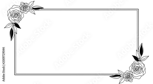 Elegant rectangular floral frame with line art roses and leaves for wedding invitation and card design