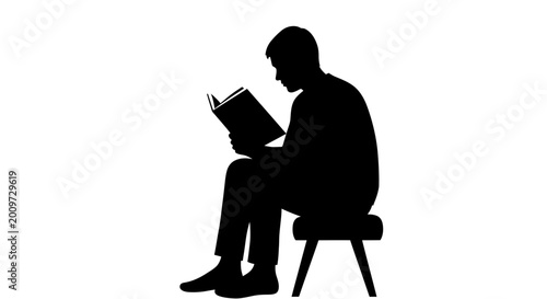 Silhouette of a man sitting on a stool and reading a book, student studying isolated on white background
