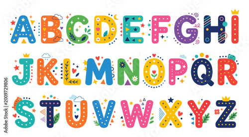 A creative and vibrant alphabet collection featuring playful, colorful typography for children's learning materials. Each letter has unique patterns and bright tones