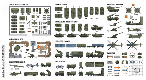 A comprehensive set of military vehicle and tactical unit icons in top-view perspective. This collection includes tanks, helicopters, transport trucks, and specialized equipment