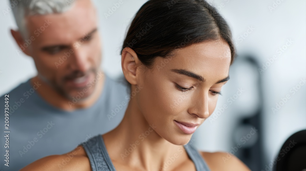 Fototapeta premium Gym training with coach correcting posture