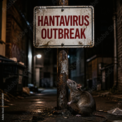 hantavirus outbreak warning sign in ominous alley documentary style rat photo weathered metal sign dramatic lighting infectious disease concept biohazard risk urban rodent danger graphy