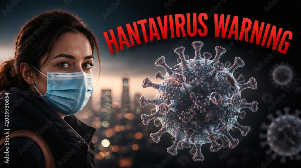 Naklejka premium hantavirus warning woman in mask with 3d virus model urban dusk medical caution