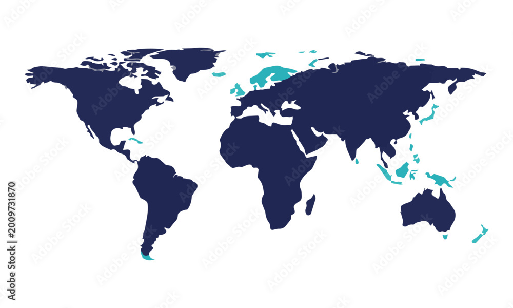 Naklejka premium Minimalist world map silhouette with simplified continental shapes in deep navy blue and vibrant teal on a solid white background global travel concept