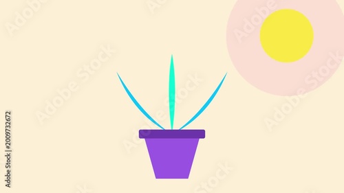 Vibrant flat design illustration of a green plant in a purple pot, illuminated by a yellow sun on a light background.
