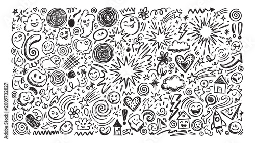Hand-Drawn Doodle Collection with Cute Monsters, Emojis, Stars, and Abstract Scribbles in Black Ink Style