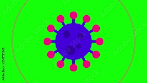 Stylized purple virus or germ illustration with pink radiating spikes on a vibrant green screen background.