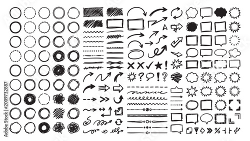 Large Collection of Hand-Drawn Doodle Elements Including Arrows, Circles, Speech Bubbles, Squares, Lines, and Symbols for Creative Design
