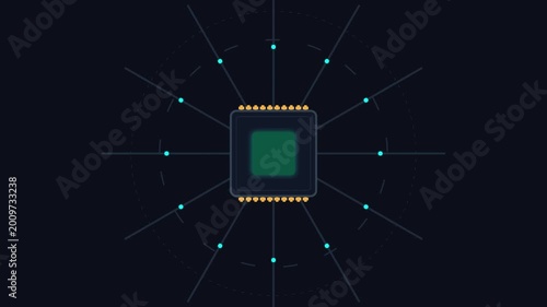 A stylized central microchip with radiating lines and dots symbolizing data processing and network connectivity.