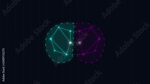 Abstract digital representation of two interconnected brain hemispheres with glowing networks on a dark background.