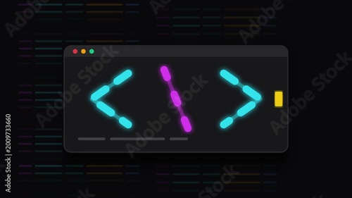 A minimalist illustration of a dark code editor window with glowing neon blue angle brackets and a purple slash, symbolizing programming.