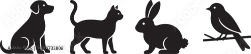 Animal Silhouette Icon Set Dog Cat Rabbit Bird Minimal Wildlife Pet Vector Illustration animal silhouette icons, dog silhouette vector, cat silhouette icon, rabbit silhouette icon, bird silhouette ico