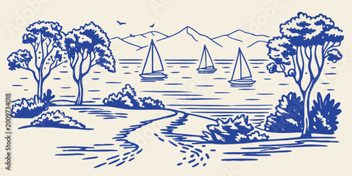 Photography blue line art landscape with sailboats on the water and distant mountains high q