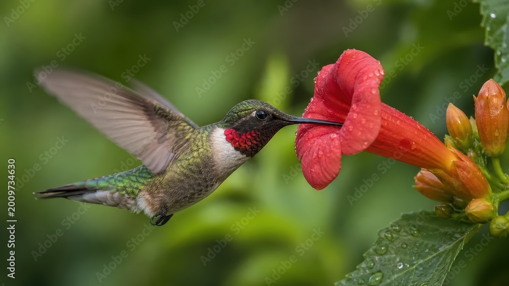 Fototapeta premium Ruby throated hummingbird drinking nectar from red trumpet vine flower.