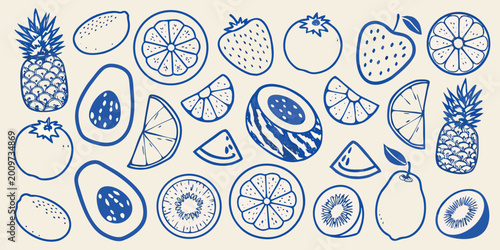Collection of hand drawn blue fruit illustrations including pineapple avocado strawberry and citrus high quality