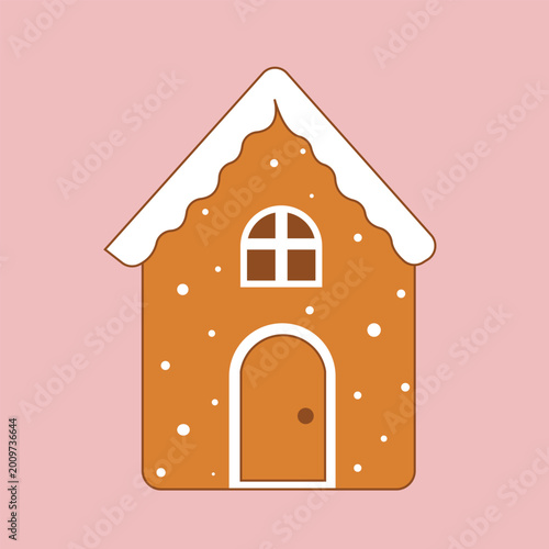 Foto Adorable gingerbread house illustration with white frosting roof and decorative dots on soft pink background
