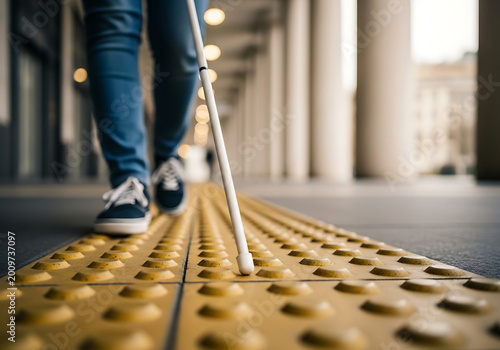 Navigating with assistance a person using a white cane on tactile paving for the visually impaired