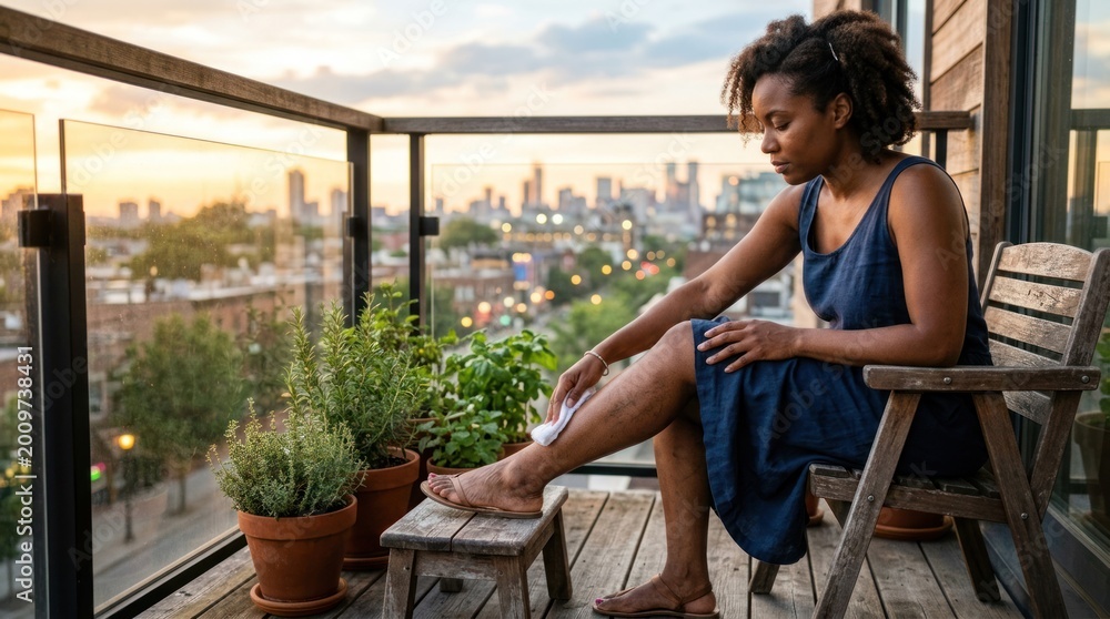 Naklejka premium A young African American woman in her 30s with dark skin wears a blue dress while tending to her leg on a city balcony.