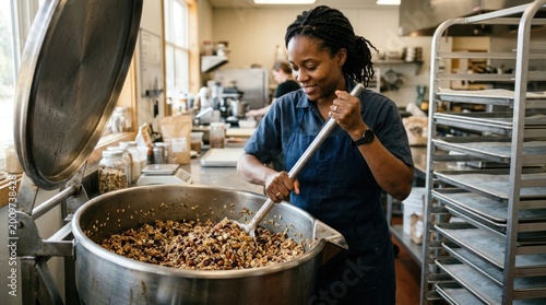 Mixing granola in a large metal vat, a Black female producer in her 30s with dark skin and braided hair works in a kitchen.