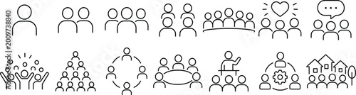 Set of human people and group social interaction line icons