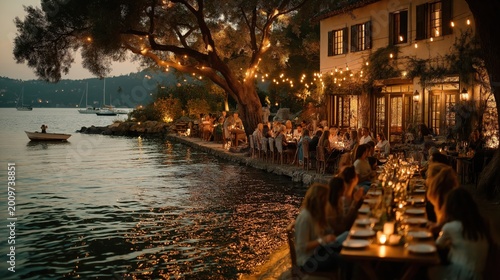 A lakeside restaurant glows warmly with string lights as people dine outdoors under a large tree at dusk, with boats anchored in the calm water nearby.