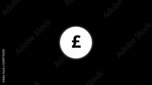 Animated glowing white pound sterling symbol icon shrinking on black background