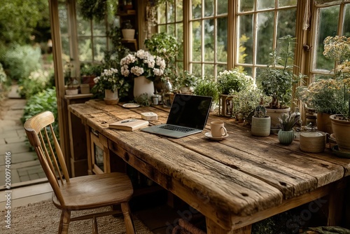 A rustic wooden desk by a sunlit window is adorned with plants, flowers, a laptop, and a cup, creating a cozy, nature-inspired workspace.