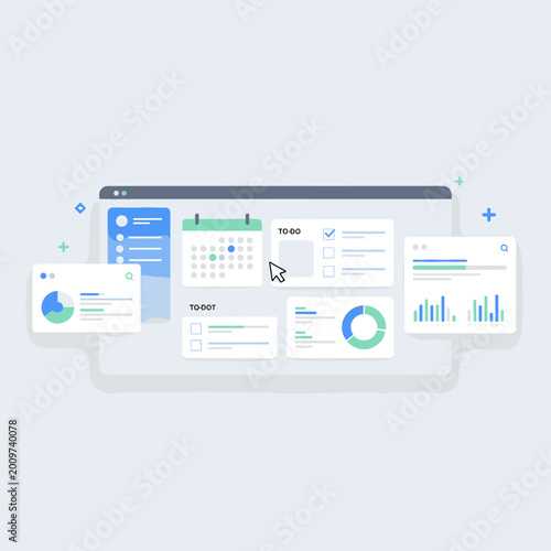 Digital dashboard interface displaying calendar, to-do lists, budget tracking, and data visualization charts for business management and organization.
