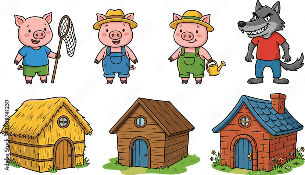 Obraz premium Three Little Pigs Cartoon Icons Set Featuring Farmer Pig Characters Wolf and Straw Wood Brick Houses Fairy Tale Story Illustration for Kids Design.