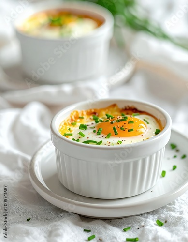 Perfectly Baked Eggs in Ramekins with Fresh Chives, a Simple and Elegant Breakfast or Brunch Dish.