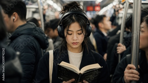 Young Asian woman reading book with headphones on subway.