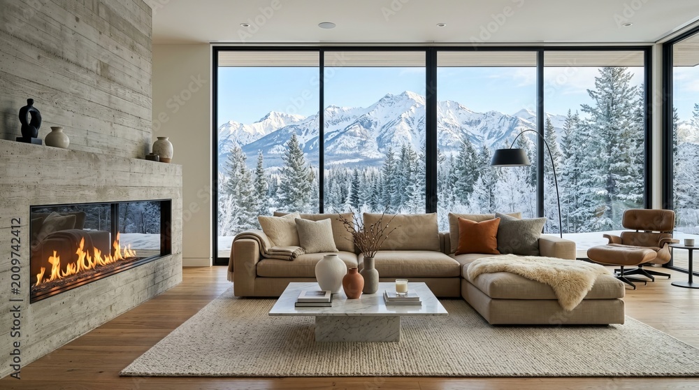 Fototapeta premium Modern Luxury Living Room with Panoramic Winter Mountain View and Fireplace